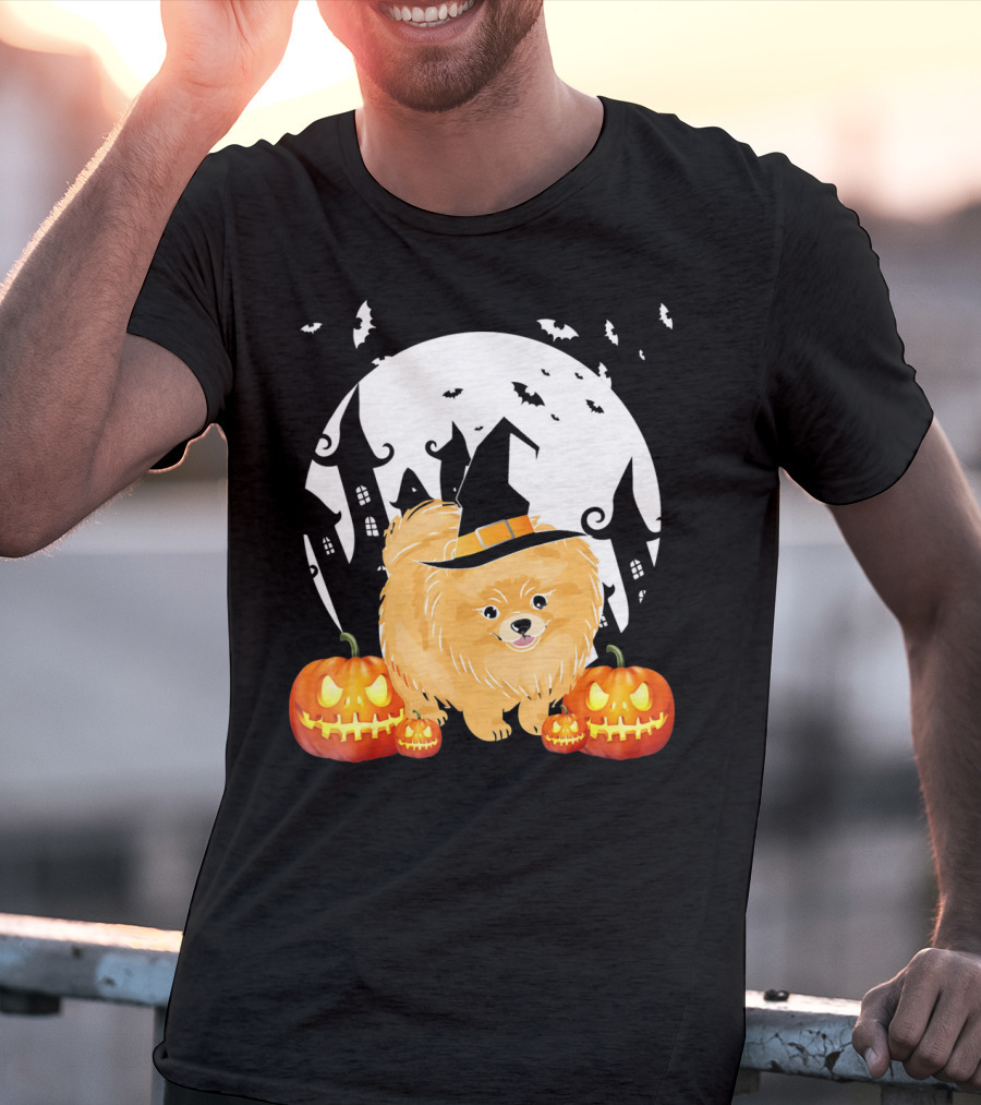 Happy Halloween Little Witch Pomeranian Dog With Pumpkins And Haunted House T-Shirt