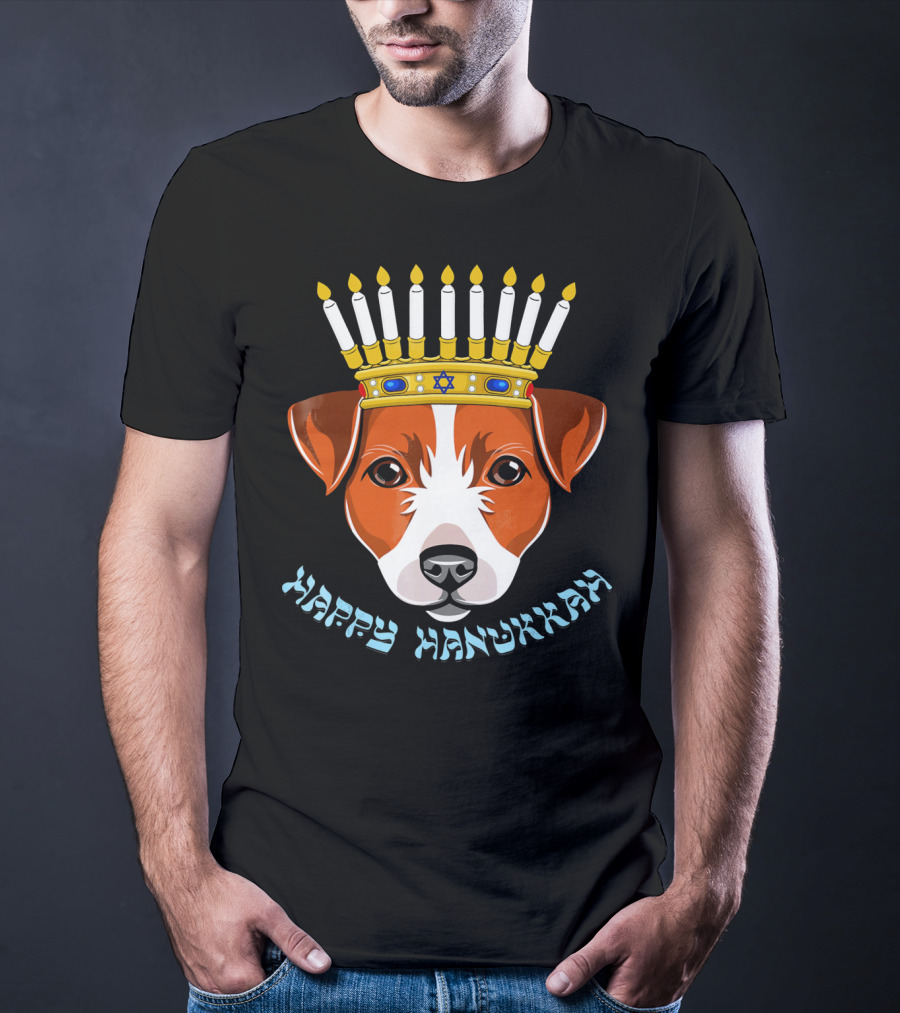 Happy Hanukkah Jack Russell Menorah Hat Candle T-Shirt