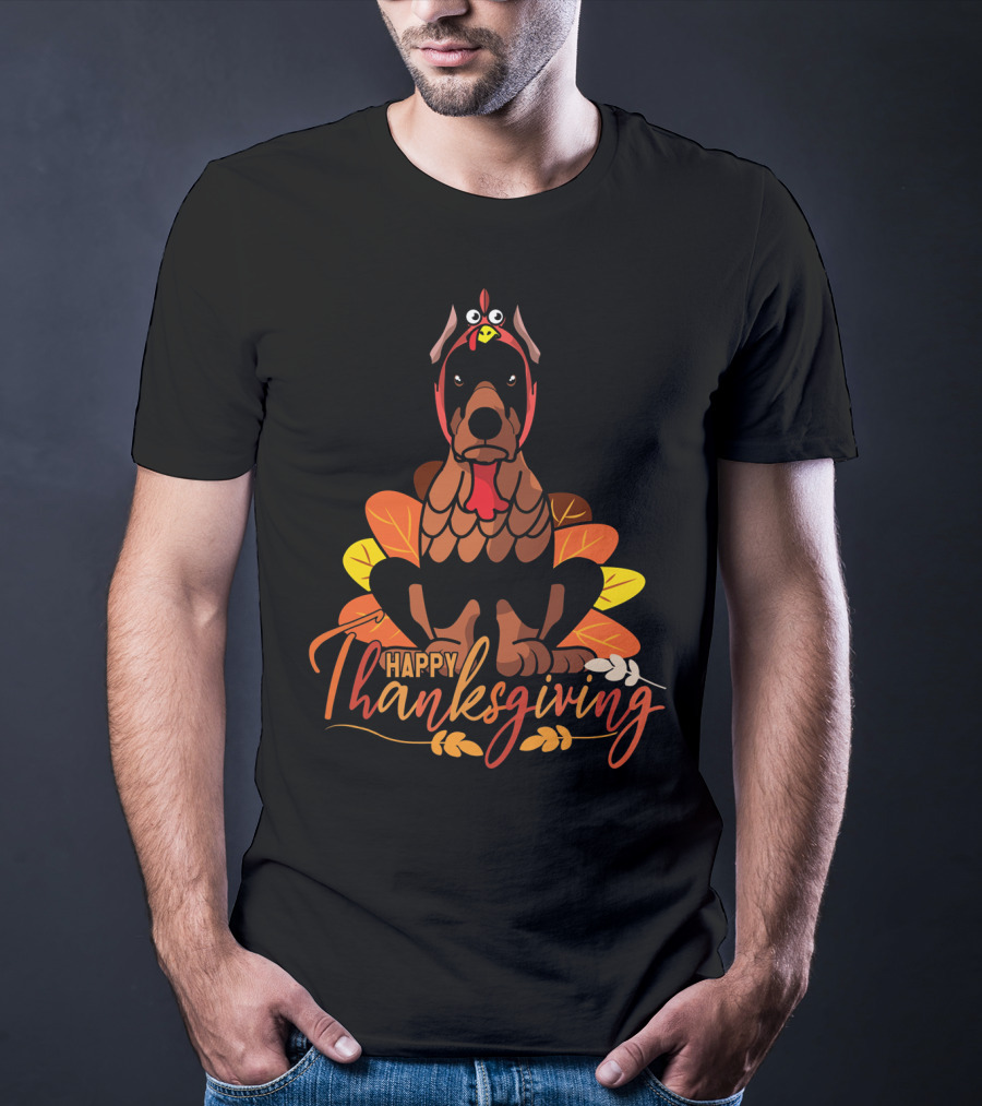 Happy Thanksgiving Doberman Pinscher Turkey Autumn Leaves T-Shirt
