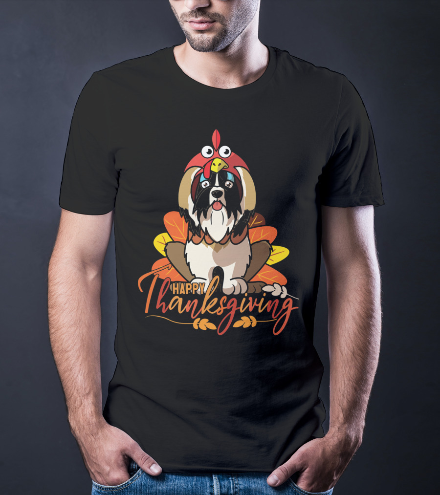 Happy Thanksgiving Shih Tzu In Turkey Costume With Leaves T-Shirt