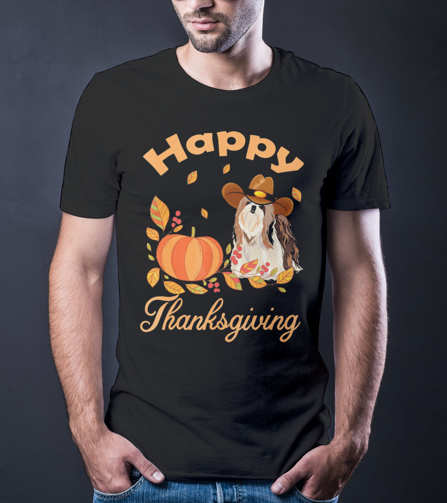 Happy Thanksgiving Shih Tzu Cowboy Pumpkin Leaves T-Shirt