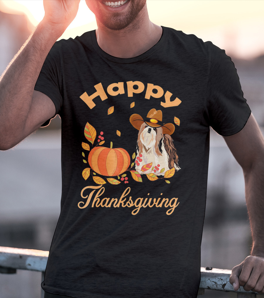 Happy Thanksgiving Shih Tzu Cowboy Pumpkin Leaves T-Shirt
