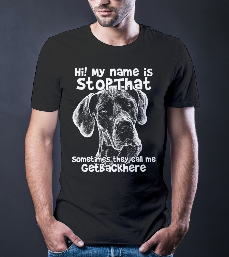 Hi My Name Is StopThat Sometimes They Call Me GetBackHere Funny Great Dane T-Shirt