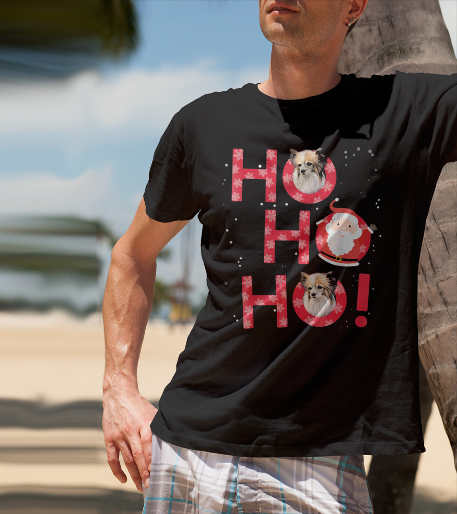 Ho Ho Ho Papillon Dog Santa's Laugh With Snowflakes T-Shirt