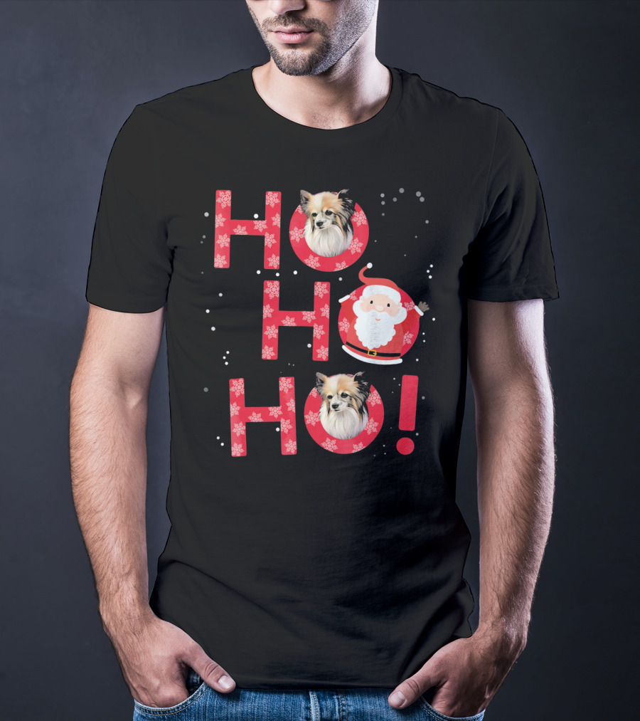 Ho Ho Ho Papillon Dog Santa's Laugh With Snowflakes T-Shirt