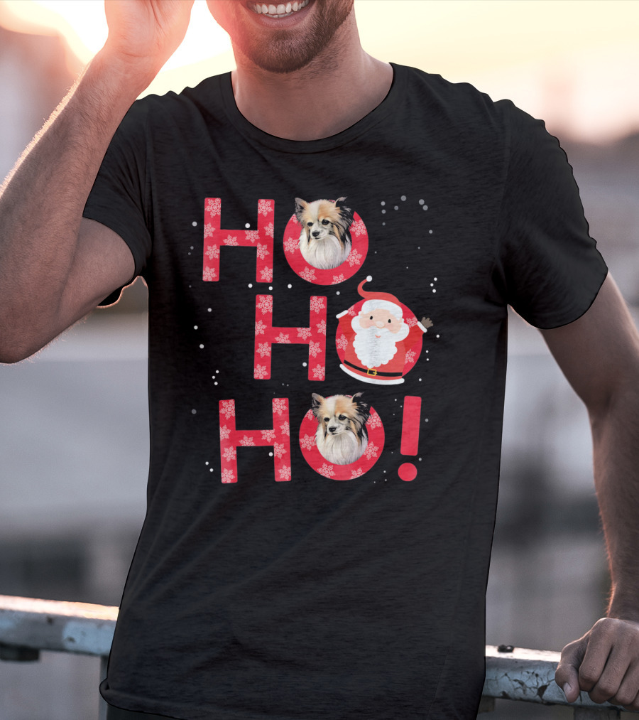 Ho Ho Ho Papillon Dog Santa's Laugh With Snowflakes T-Shirt
