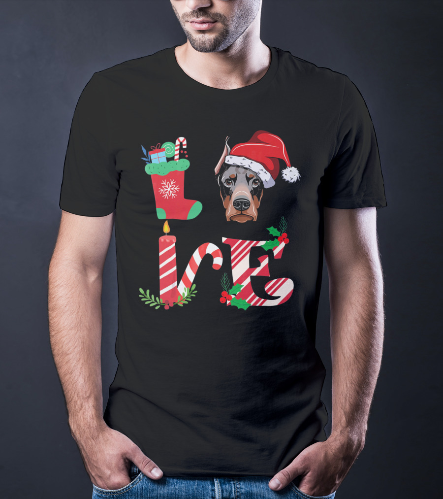 I Love My Doberman Lovers Owners Christmas Santa Hat Stocking Candle T-Shirt