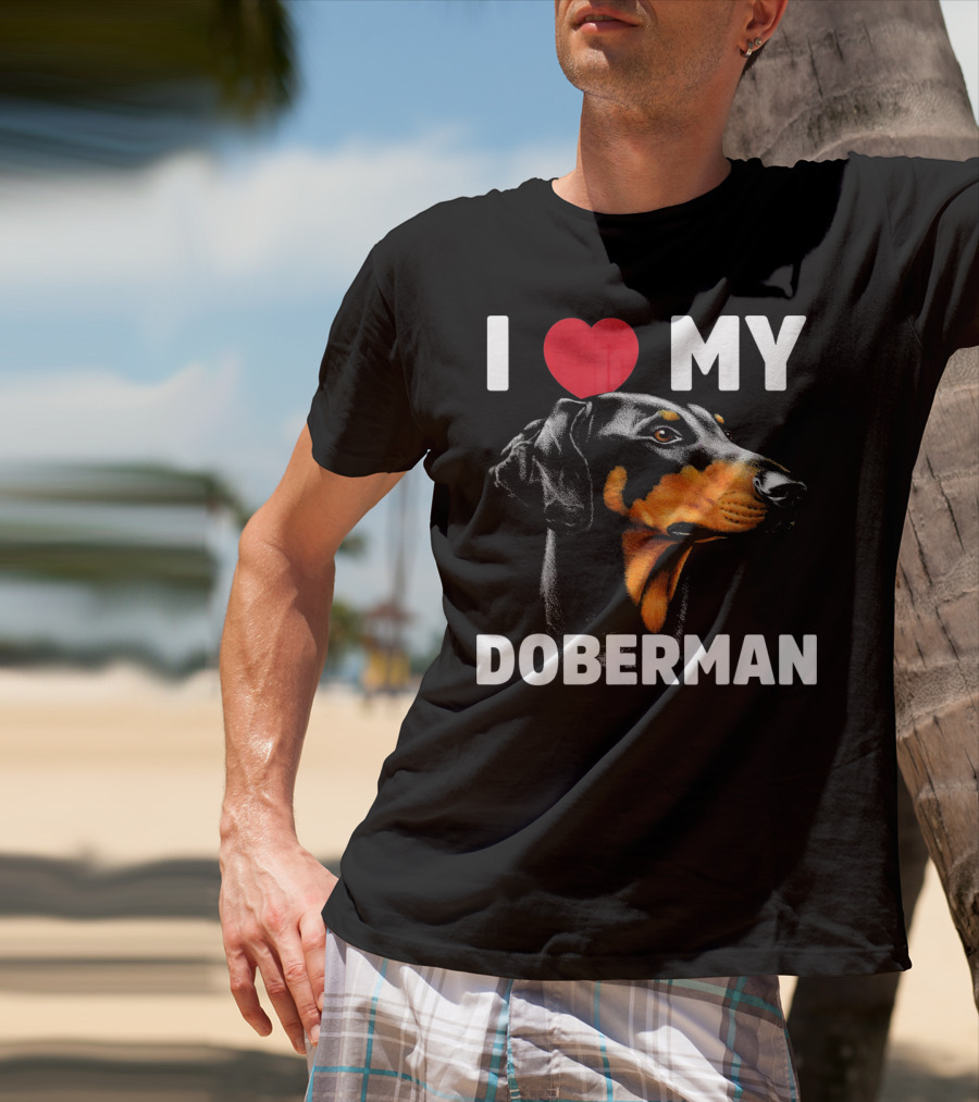 I Love My Doberman Heart Black Background Realistic T-Shirt