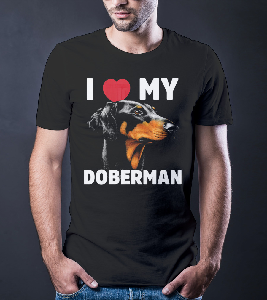 I Love My Doberman Heart Black Background Realistic T-Shirt