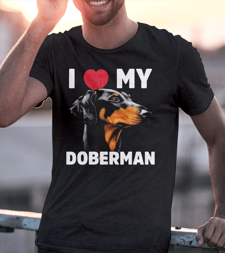I Love My Doberman Heart Black Background Realistic T-Shirt