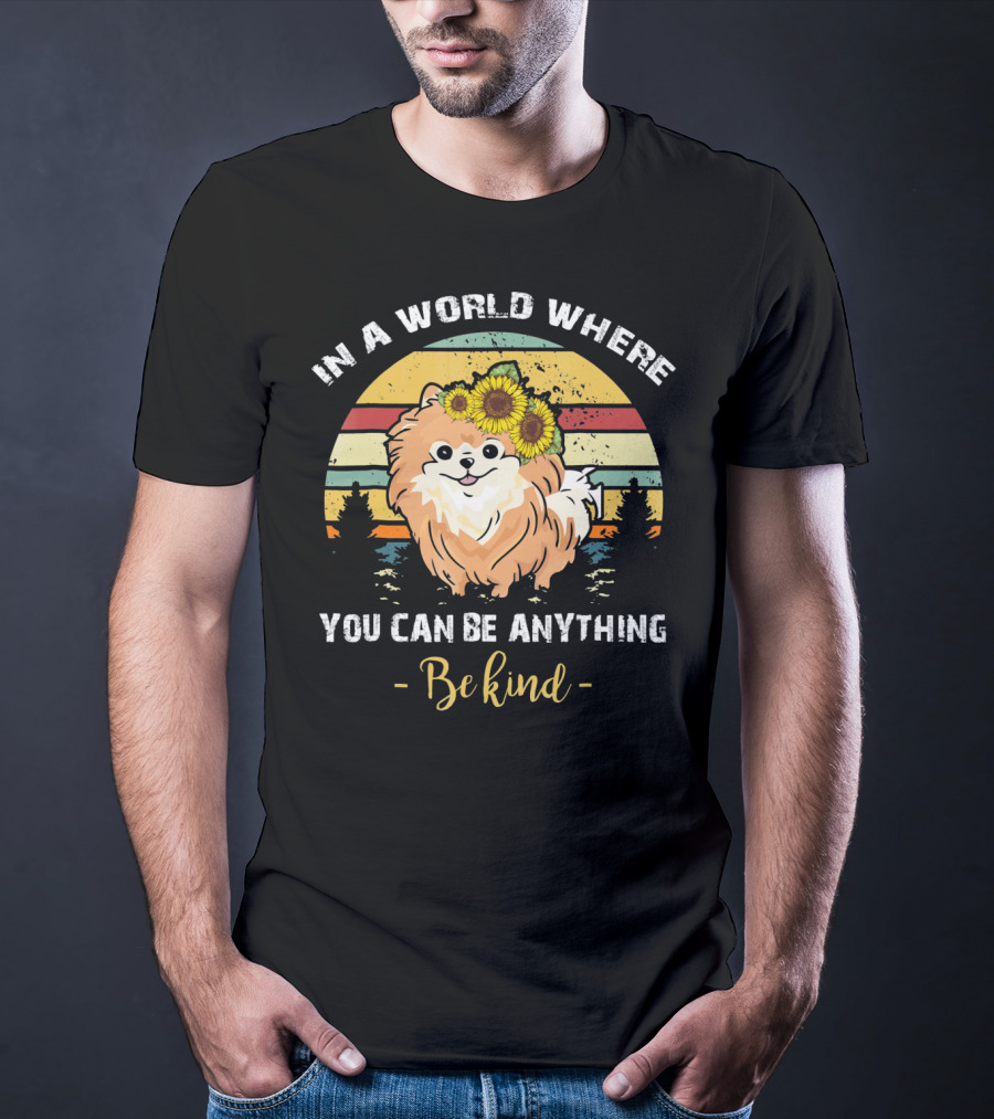 In A World Where You Can Be Anything Be Kind Pomeranian Vintage Retro Sunflowers T-Shirt