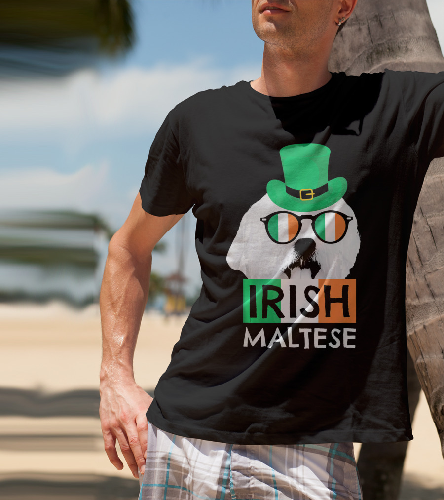 Irish Maltese St Patricks Day Dog Wearing Shamrock Hat And Glasses T-Shirt