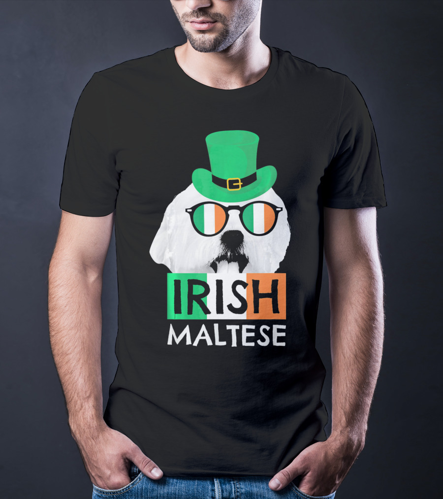 Irish Maltese St Patricks Day Dog Wearing Shamrock Hat And Glasses T-Shirt