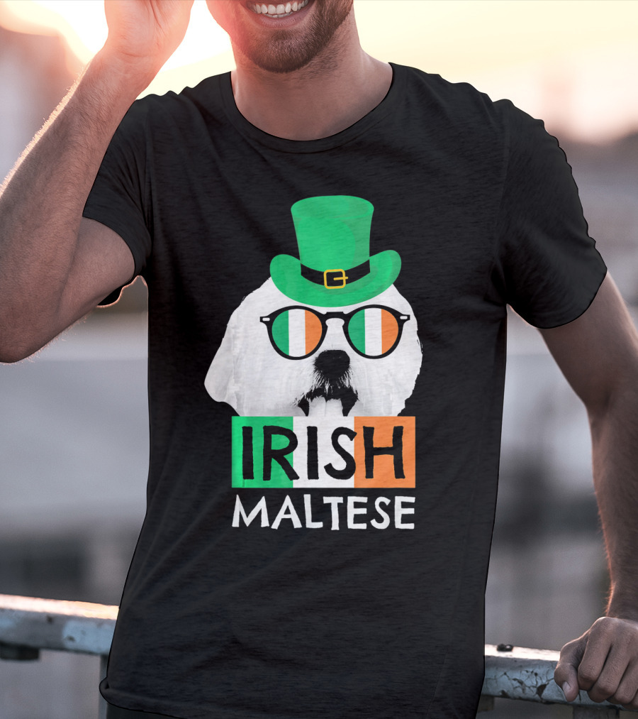 Irish Maltese St Patricks Day Dog Wearing Shamrock Hat And Glasses T-Shirt
