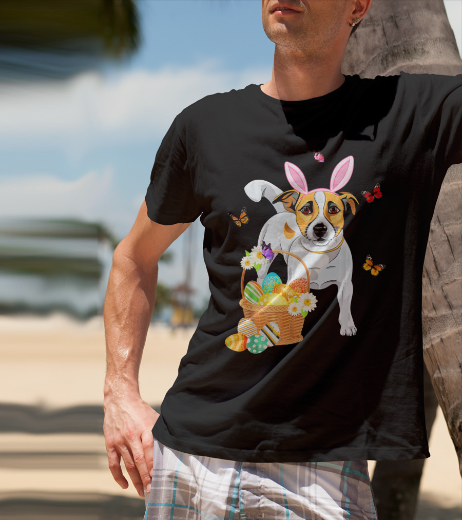 Jack Russell Bunny Hat Easter Eggs Basket Butterflies T-Shirt