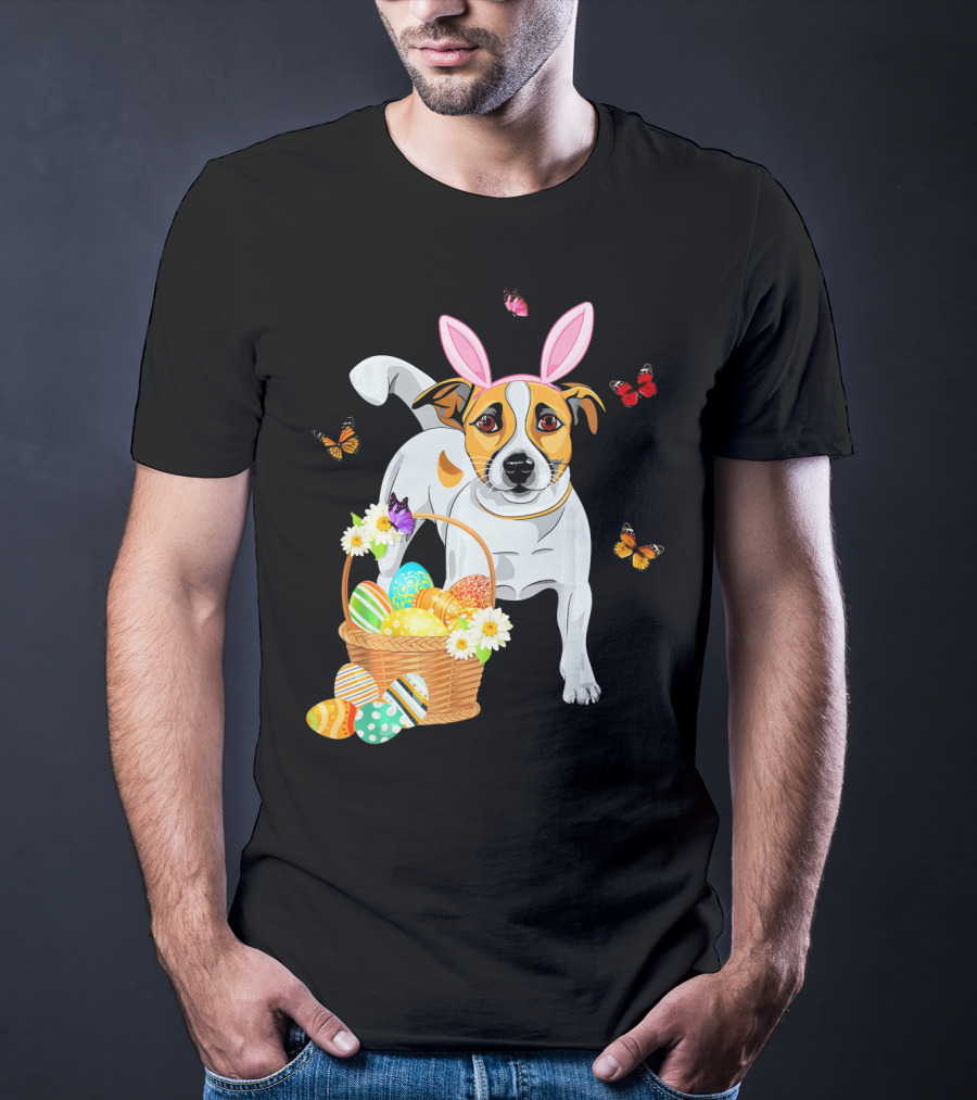 Jack Russell Bunny Hat Easter Eggs Basket Butterflies T-Shirt