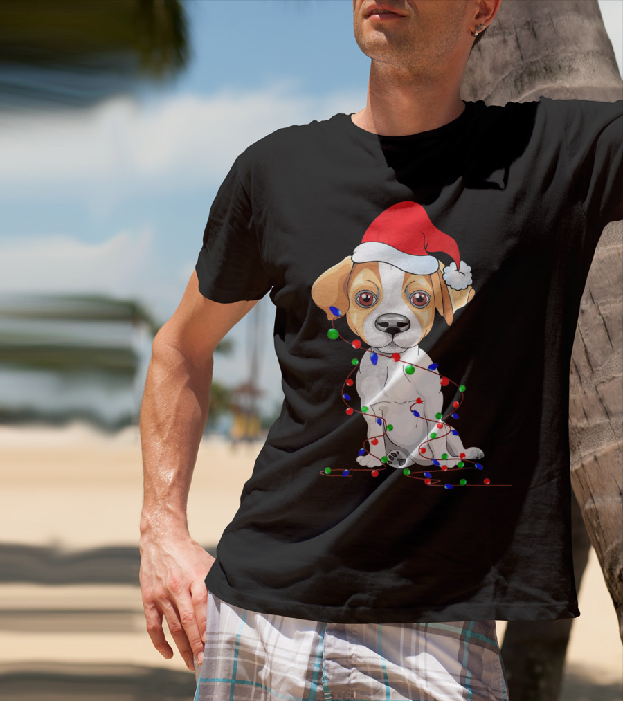 Jack Russell Christmas Lights Decoration Santa Hat T-Shirt