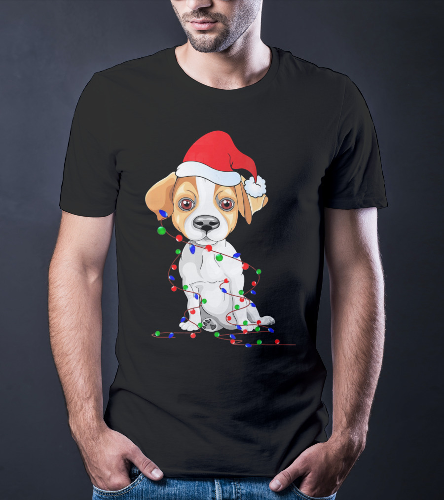 Jack Russell Christmas Lights Decoration Santa Hat T-Shirt