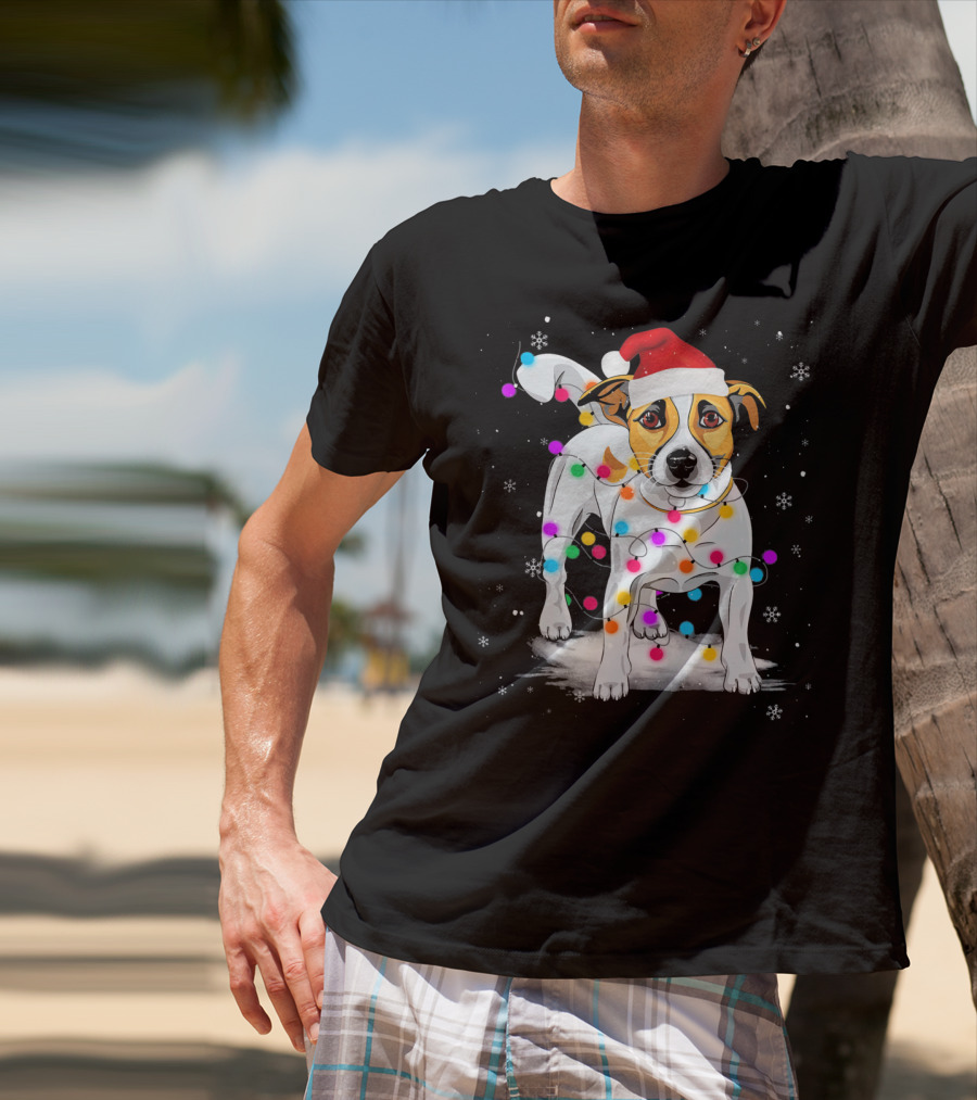 Jack Russell Terrier Santa Hat Wrapped In Christmas Lights Snowflakes T-Shirt