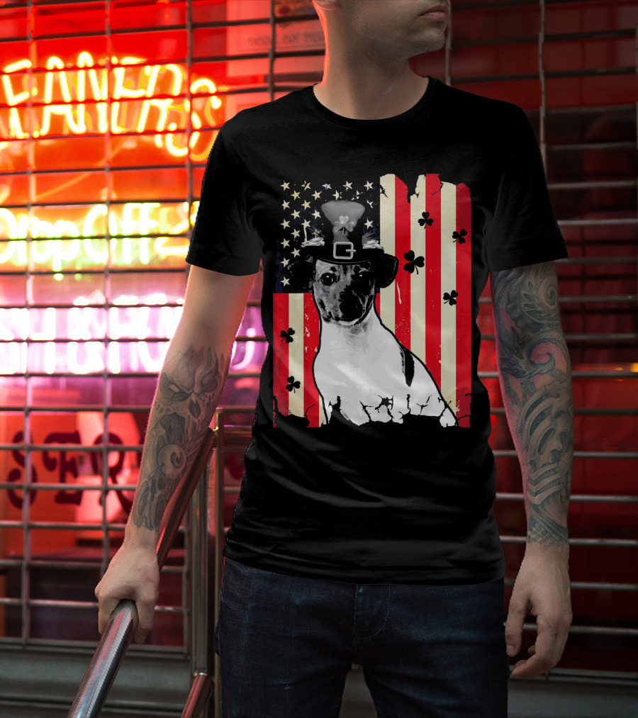 Jack Russell Terrier American Flag St Patricks Day With Shamrocks T-Shirt