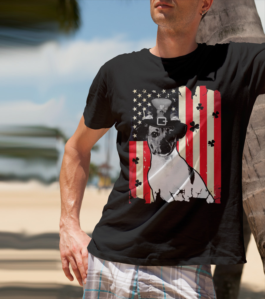 Jack Russell Terrier American Flag St Patricks Day With Shamrocks T-Shirt