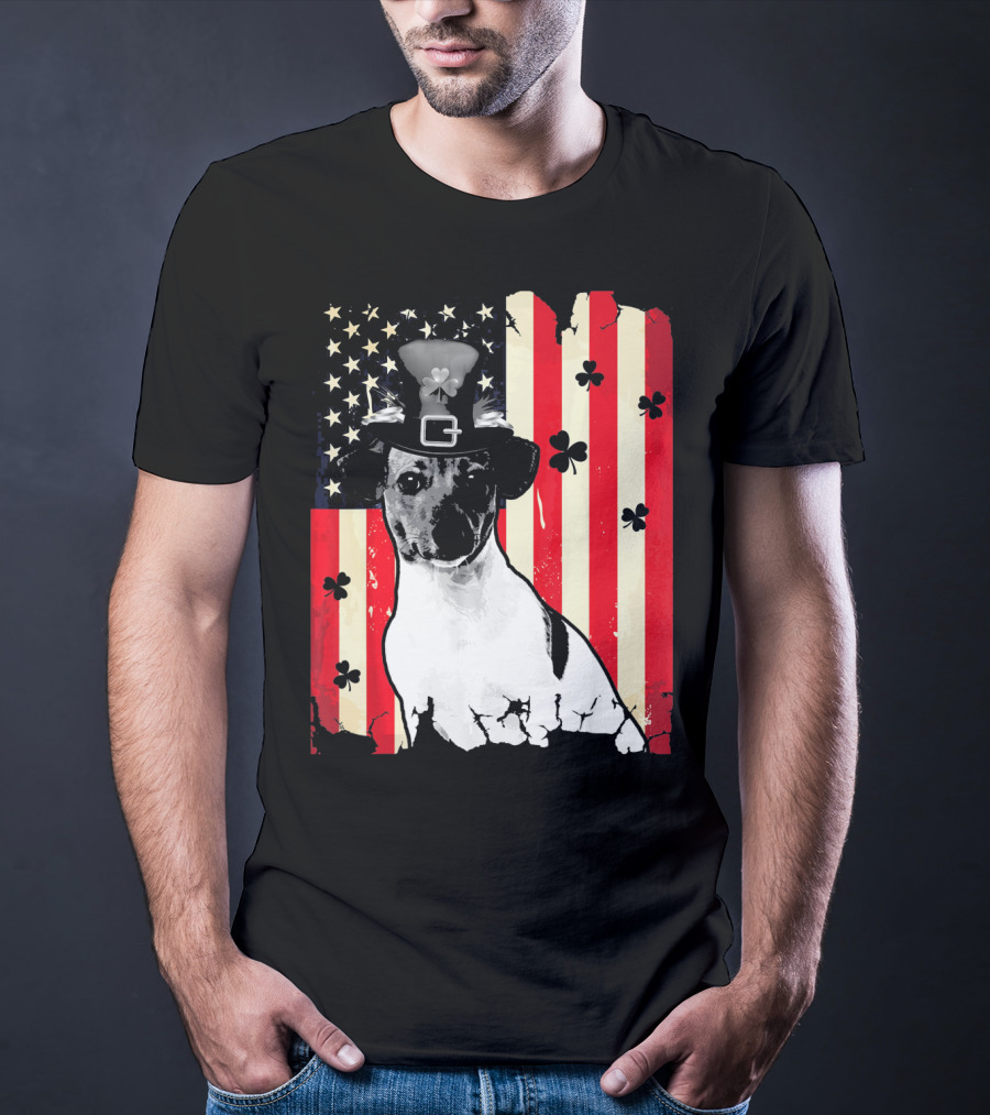 Jack Russell Terrier American Flag St Patricks Day With Shamrocks T-Shirt