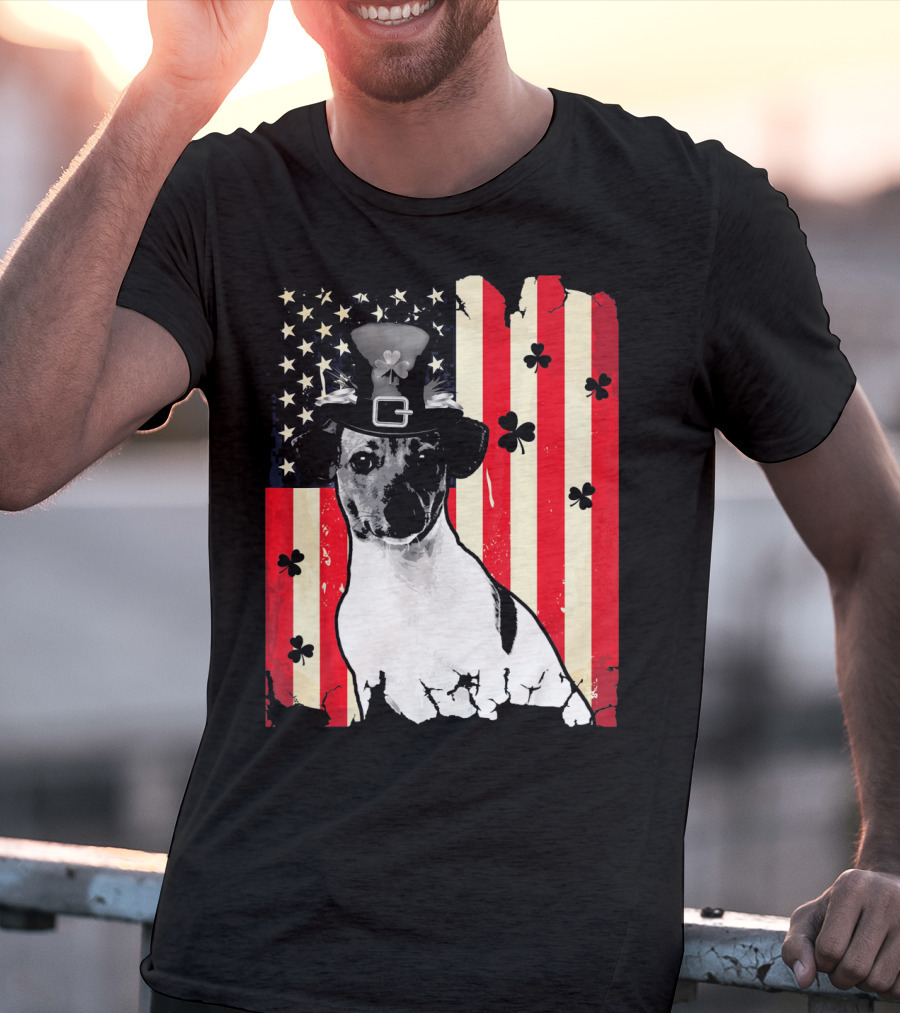 Jack Russell Terrier American Flag St Patricks Day With Shamrocks T-Shirt