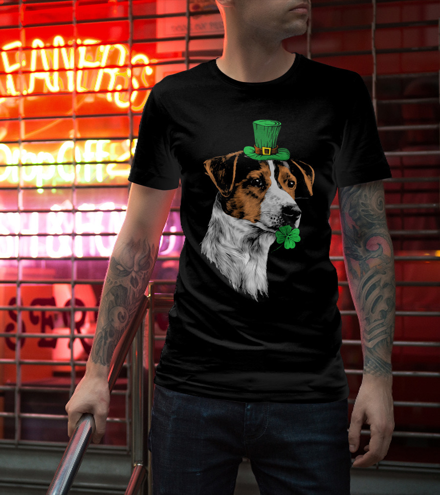 Jack Russell Terrier With Leprechaun Hat And Shamrock St Patrick's Day T-Shirt
