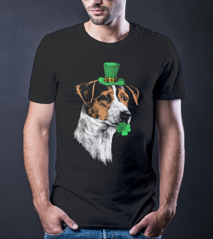 Jack Russell Terrier With Leprechaun Hat And Shamrock St Patrick's Day T-Shirt