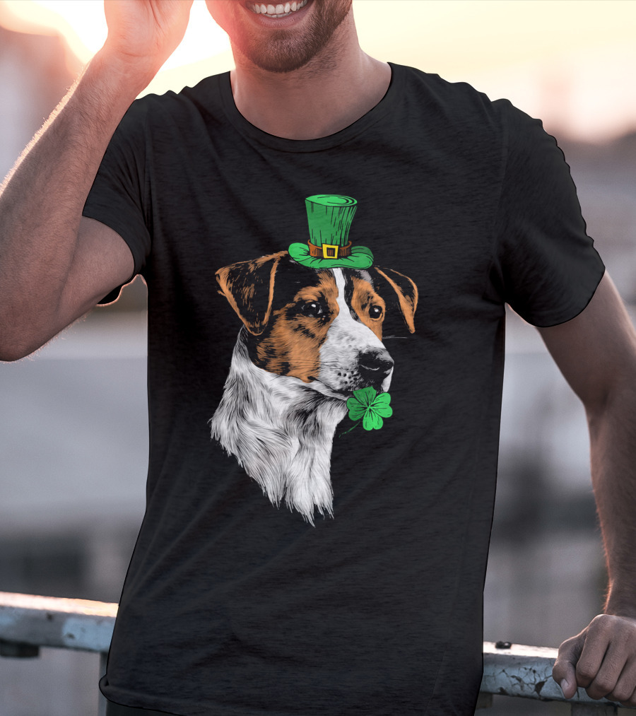 Jack Russell Terrier With Leprechaun Hat And Shamrock St Patrick's Day T-Shirt