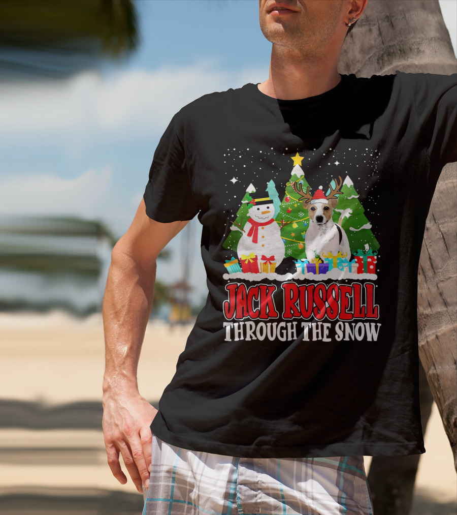 Jack Russell Through The Snow Christmas Reindeer Hat Snowman Trees Gifts T-Shirt