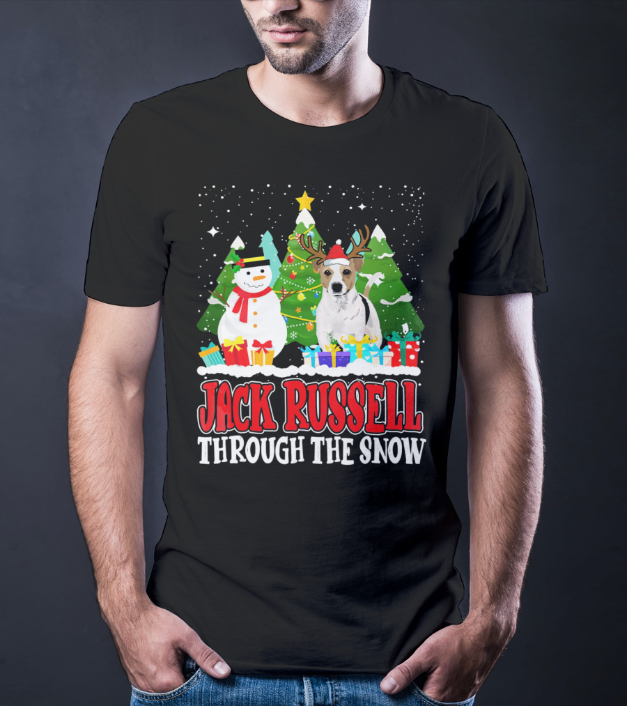 Jack Russell Through The Snow Christmas Reindeer Hat Snowman Trees Gifts T-Shirt