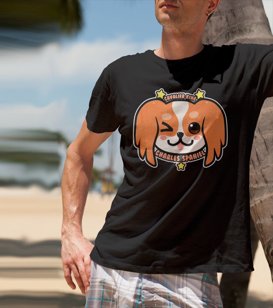 KAWAII Cavalier King Charles Spaniel Dog Puppy Cute Winking Face With Stars T-Shirt