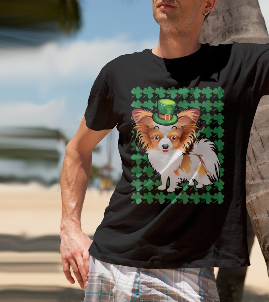 Papillon Dog In Leprechaun Hat Surrounded By Clover T-Shirt