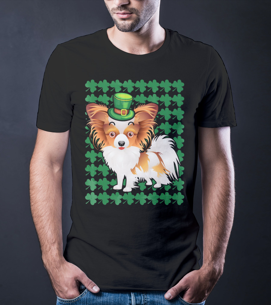 Papillon Dog In Leprechaun Hat Surrounded By Clover T-Shirt