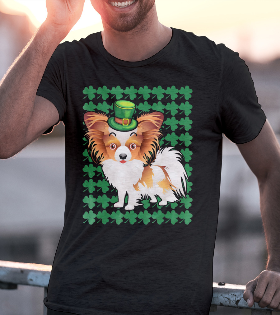 Papillon Dog In Leprechaun Hat Surrounded By Clover T-Shirt