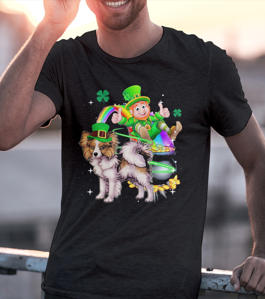 Leprechaun Papillon St Patrick's Day Shamrock Rainbow Pot Of Gold T-Shirt