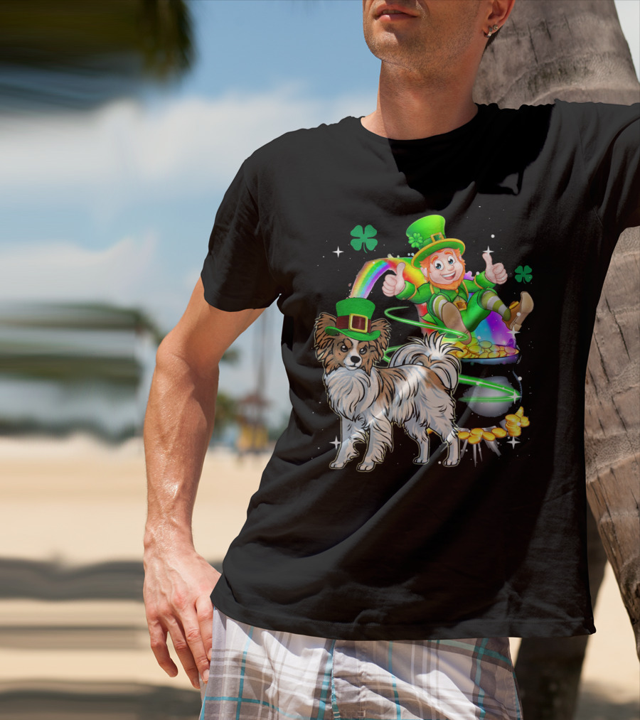Leprechaun Papillon Clover Rainbow Gold Coins And Pot T-Shirt