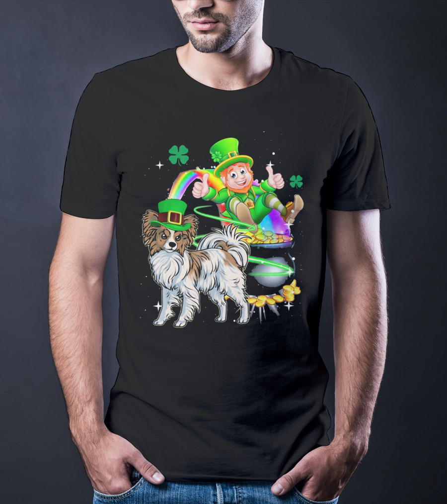 Leprechaun Papillon Clover Rainbow Gold Coins And Pot T-Shirt