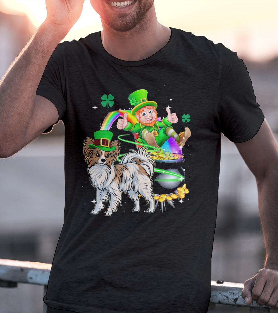 Leprechaun Papillon Clover Rainbow Gold Coins And Pot T-Shirt