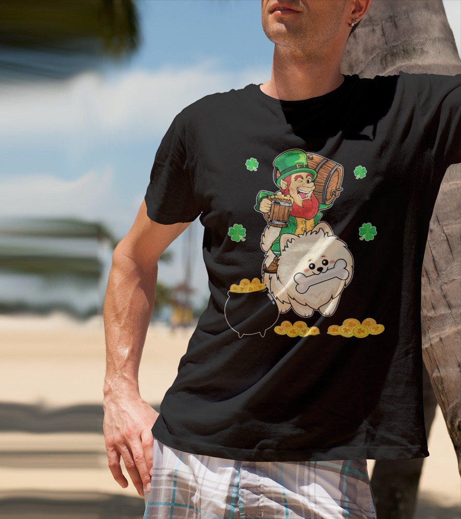 Leprechaun Rides Pomeranian With Beer And Gold Shamrocks T-Shirt