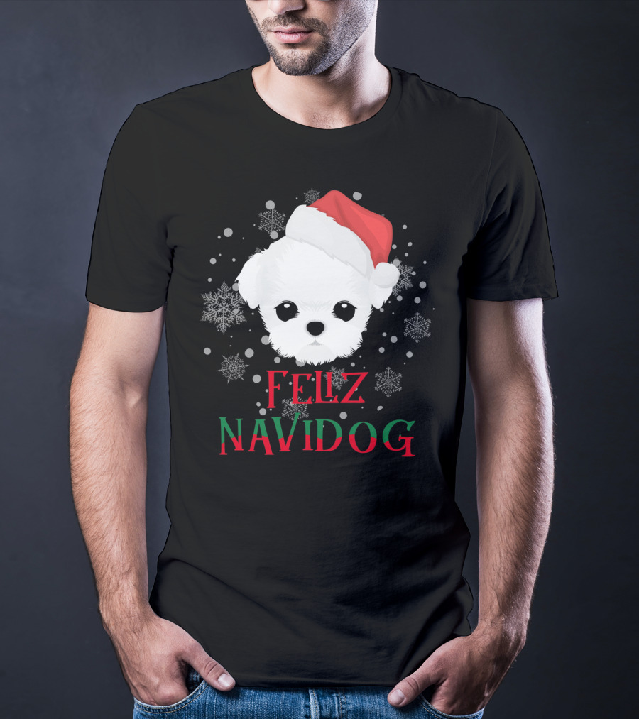 Feliz Navidog Maltese Dog Christmas Santa Hat Snowflakes T-Shirt