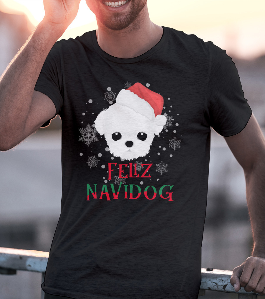 Feliz Navidog Maltese Dog Christmas Santa Hat Snowflakes T-Shirt