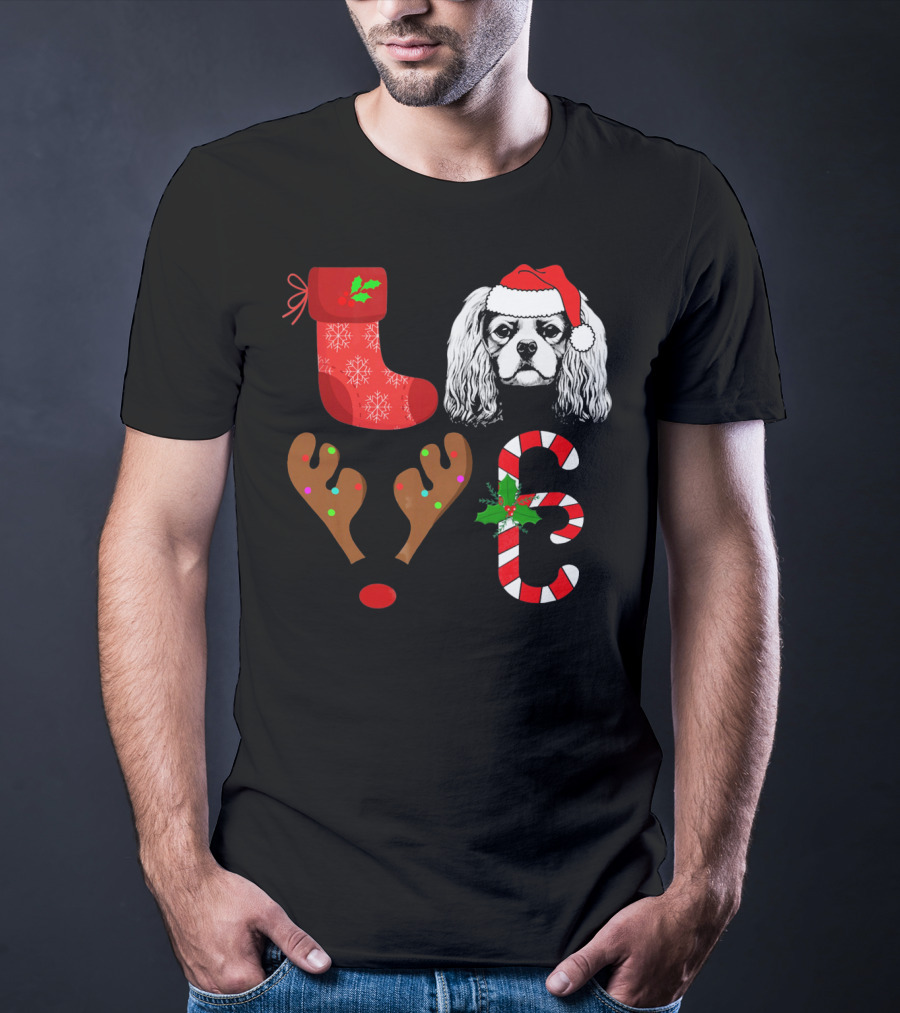 Love Cavalier King Charles Spaniel Santa Reindeer Candy Cane Stocking T-Shirt