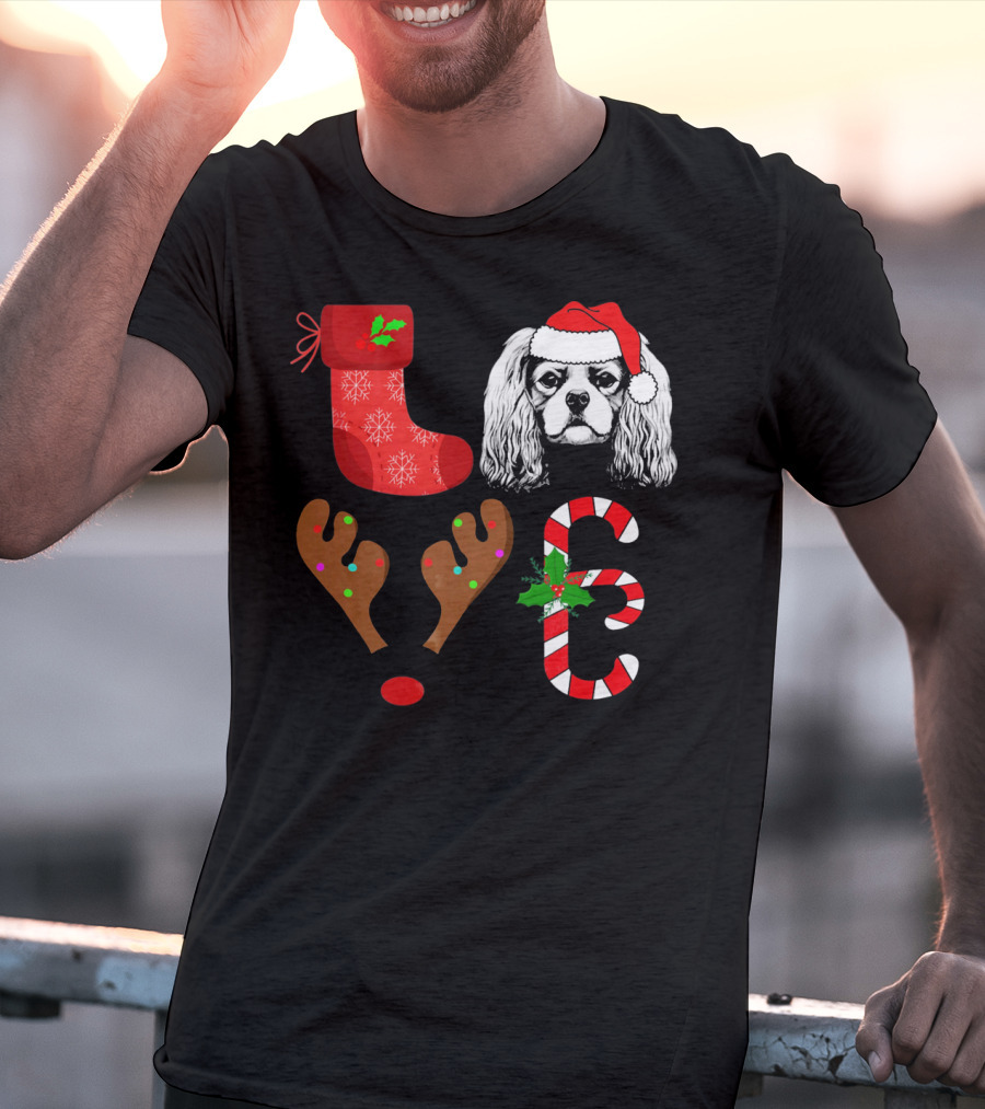 Love Cavalier King Charles Spaniel Santa Reindeer Candy Cane Stocking T-Shirt