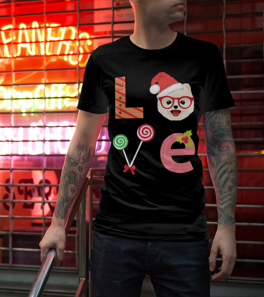 Love Pomeranian Santa Christmas Dog Candy Cane Glasses T-Shirt