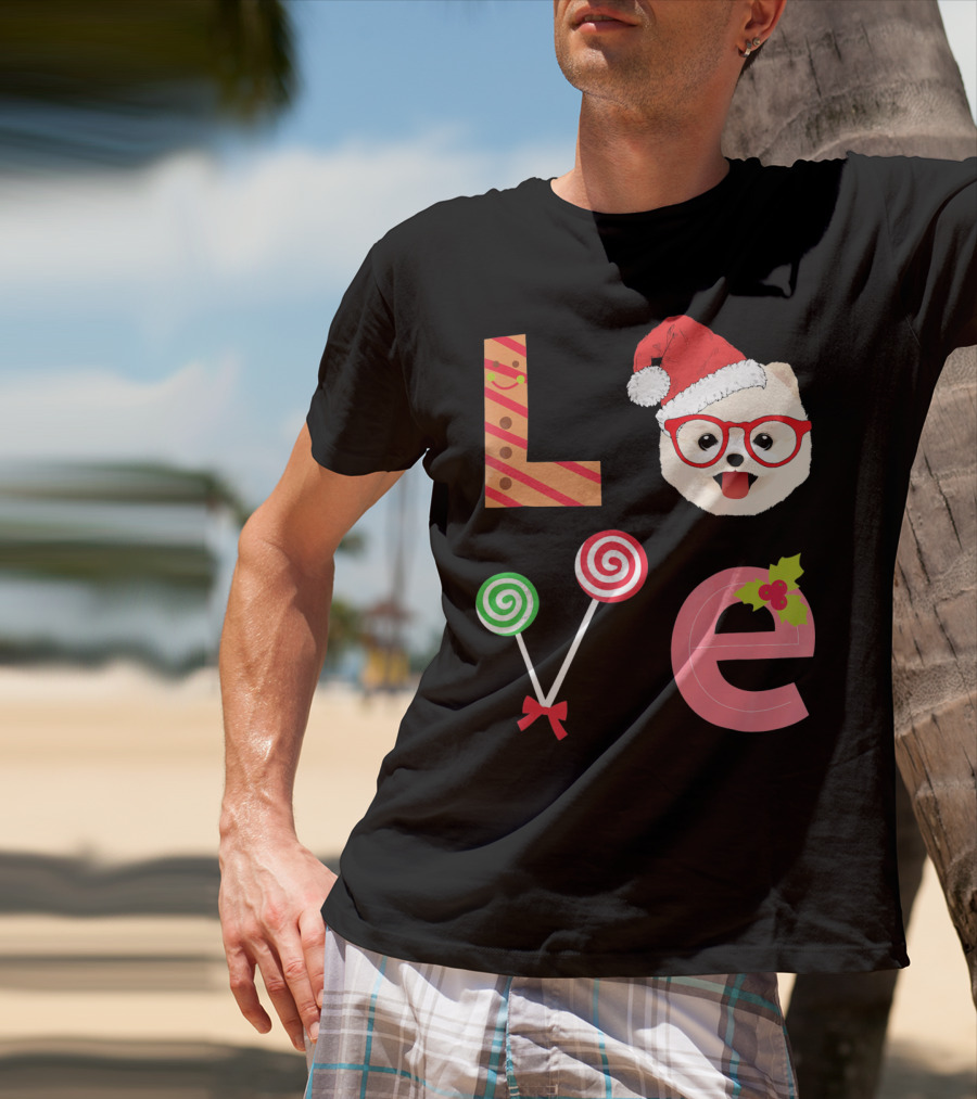 Love Pomeranian Santa Christmas Dog Candy Cane Glasses T-Shirt