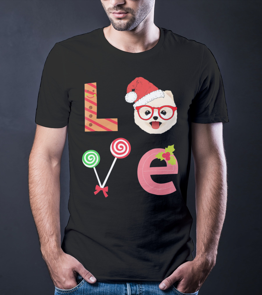 Love Pomeranian Santa Christmas Dog Candy Cane Glasses T-Shirt