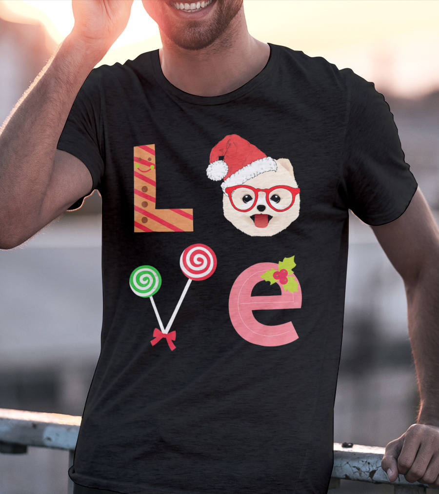 Love Pomeranian Santa Christmas Dog Candy Cane Glasses T-Shirt