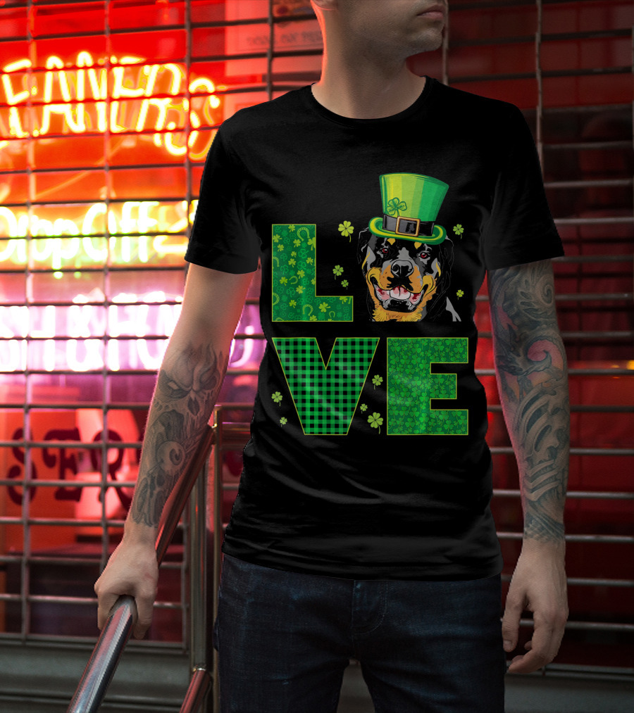 Love Rottweiler St. Patrick's Day Hat Green Shamrock Leaf T-Shirt